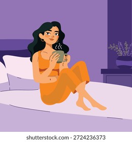Ilustração vetorial de design plano moderna de uma jovem mulher relaxando em sua cama enquanto bebe chá. Atenção plena, relaxamento, alívio do estresse, conceito de rotina noturna. 