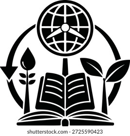 Una Ilustración vectorial de diseño plano moderno que representa la educación global, la energía renovable y el crecimiento sostenible con un libro abierto y flechas circulares.