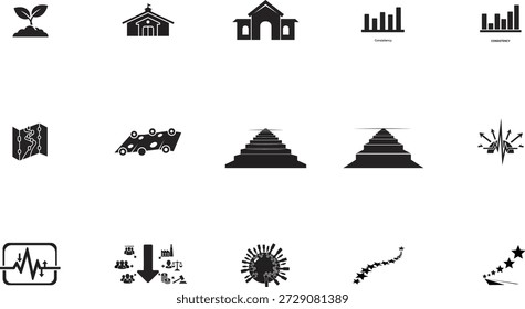 Moderna Ilustración vectorial de diseño plano de diversos íconos de casas e inmuebles, perfecta para proyectos inmobiliarios, arquitectónicos y urbanísticos con líneas limpias y gráficos escalables.