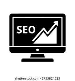 Modern flat design vector illustration of a computer monitor displaying SEO growth with an upward trend arrow, ideal for digital marketing, business analytics, and online advertising projects.
