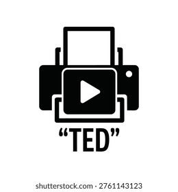 Modern flat design vector illustration of a play button on a classic television screen with TED branding, ideal for presentations, education, technology, and motivational content marketing.