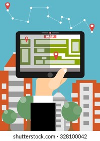 Modern flat design vector illustration concept of man holding tablet with mobile gps navigation on a screen 