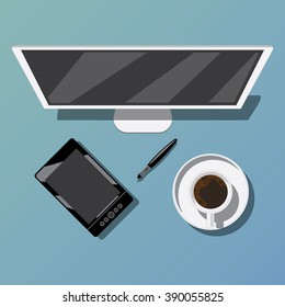 Modern flat design vector illustration concept for creative work top view designer workplace paint tablet artist interface computer. Web banner promotional materials template collection.