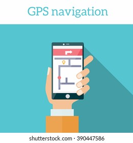 Modern flat design vector illustration concept of man holding smartphone with mobile gps navigation on a screen 