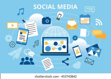 Modern flat design vector illustration, concept of social media, social networking, web communtity and posting news for graphic and web design