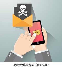 Modern Flat Design Vector Illustration, Hand Holding Smartphone With Message Alert   On Screen. Threats, Mobile Malware, Spam Messages, Fraud, Sms Spam Concepts.