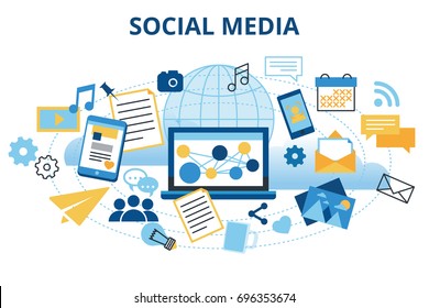 Modern flat design vector illustration, concept of social media, social networking, web communtity and posting news for graphic and web design.