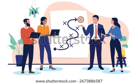A modern flat design vector illustration of a diverse business team collaborating on a strategic plan to achieve a common goal in the office