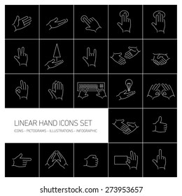 modern flat design vector linear hand and fingers gesture icons set | thin line white pictogram isolated on black background