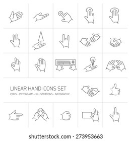 Modern Flat Design Vector Linear Hand And Fingers Gesture Icons Set | Thin Line Black Pictogram Isolated On White Background