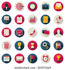 Modern flat design vector set of colored round icons with long shadow effect for business, office work, staff, time management. Isolated on white background