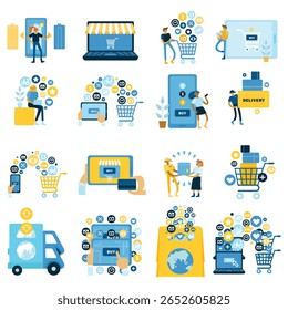 Vetor de design plano moderno que ilustra vários conceitos de comércio eletrônico e compras on-line, incluindo compras móveis, pagamentos digitais, gerenciamento de carrinho, entrega.