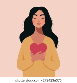 Moderna mulher vetor de design plano segurando um coração. Amor a si mesmo, bem-estar emocional, autoestima, conceito de compaixão.