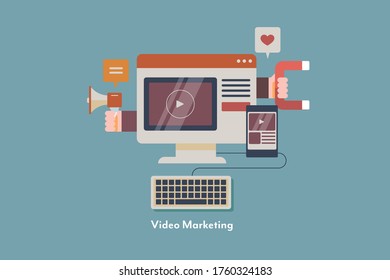 Modern flat design - Video marketing, Customer Attraction, Video advertising network, Social media marketing - conceptual vector illustration