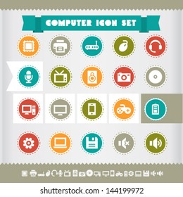 Modern flat design vintage computer icons, on circles
