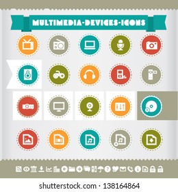 Modern flat design vintage multimedia icons, on circles