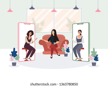 Modern flat design web template with female character talking together in video conferencing from smartphone. Responsive Landing Page Design.