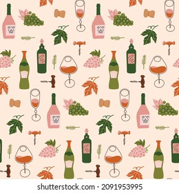 Modern flat design wrapping paper seamless pattern featuring different wine bottles with grapes, wine glasses and corkscrew. Flat hand drawn vector illustration.