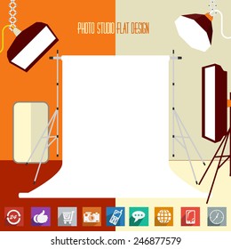 Modern flat designed photo-studio, with place for your text. Vector illustration, for yours business of presentations.