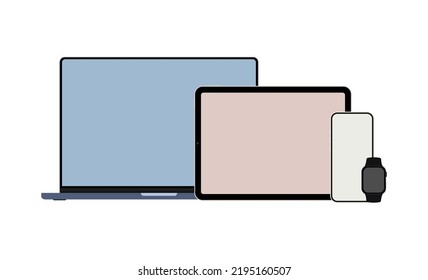 Modern Flat Devices. Laptop, Tablet, Smartphone, Smart Watch. Vector Illustration