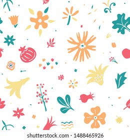 modern flat doodle style floral seamless pattern with many different plants and flowers design elements