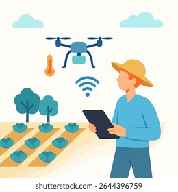 Modern Flat Drone Monitoring Farmer Agricultural Field Illustration