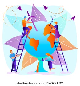 Modern Flat Ecology Concept for Earth Day, Vector Illustration. Little people take care of our Planet,Environment,Nature.Men and women gardening,watering,installing windmill,alternative energy