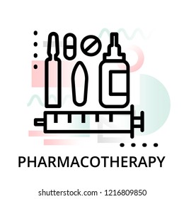 Modern flat editable line design vector illustration, concept of pharmacotherapy icon on abstract background, for graphic and web design