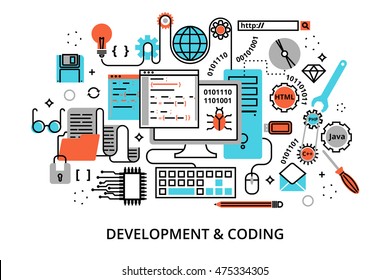 Modern flat editable line design vector illustration, concept of programming process, development software and coding, for graphic and web design
