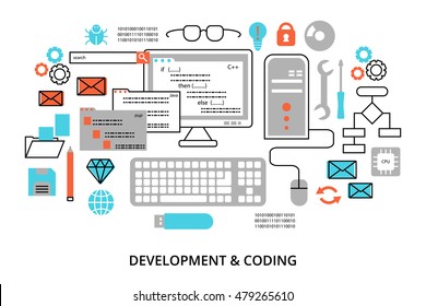 Modern flat editable line design vector illustration, concept of programming, development software and coding process, for graphic and web design