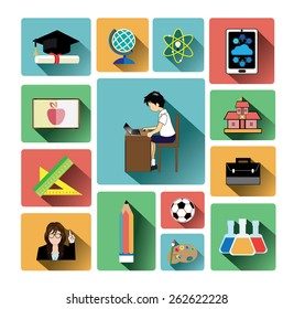 Modern flat education icons set with long shadow effect