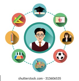 Modern flat education icons set with long shadow effect