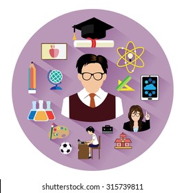 Modern flat education icons set with long shadow effect