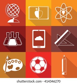 Modern flat education icons set with long shadow effect