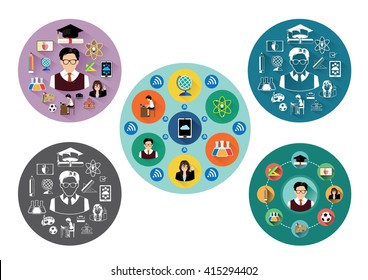 Modern flat education icons set with long shadow effect