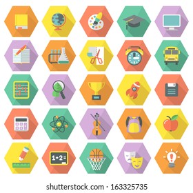 Modern flat education symbols in multicolored hexagons with long shadows