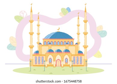 Modern Flat Elegant Islamic Mosque Building Facade Design. Arabic Religious Architecture Object. Eastern Cultural Famous Landmark. Beautiful Traditional Muslim Temple Exterior. Vector Illustration