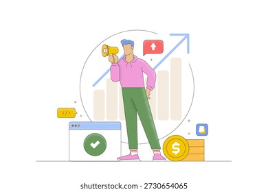 Ilustración moderna de tecnología financiera plana que representa el crecimiento del negocio, la organización de datos y la colaboración en equipo a través del diseño de productos digitales. La ilustración combina Elementos de interfaz de usuario y UX como paneles, gráficos, tarjetas y componentes de interfaz. Vector