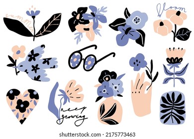 Modern flat floral stickers with text: bloom, summer, keep growing. Hand drawn simple style collection. Pastel colours. Cute cartoon vector. Flower graphic design for T-shirts prints, posters, cards