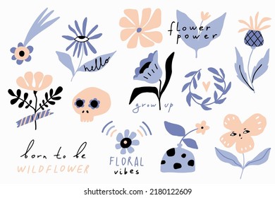 Modern flat floral stickers with text: floral vibe, flower power. Hand drawn simple style collection. Pastel colours. Cute cartoon vector. Flower graphic design for T-shirts prints, posters, cards