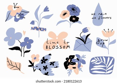 Etiquetas florales planas modernas con texto: crecer, es hora de florecer. Colección de estilo simple dibujada a mano. Colores pasteles. Un vector de dibujos animados. Diseño gráfico de flores para impresiones de camisetas, carteles, tarjetas