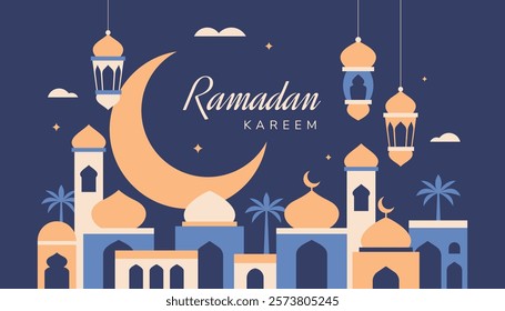 Modern flat geometric shape ramadan background, banner, cover. Islamic holidays greetings with mosque.