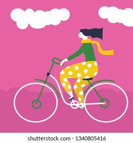 Modern Flat girl long hair on bicycle outdoor vector illustration