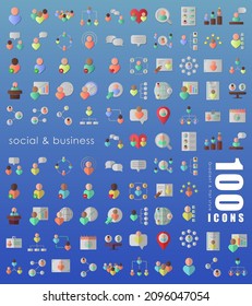 Modern flat and gradient web icons for UI design. 100 icons for business, finance, office, commerce, banking, contact, audit, chat. Symbols for social network, mobile apps, websites, dating, etc.