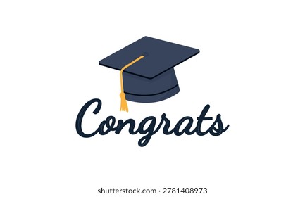 Modern flat graduation celebration vector with graduation cap, ribbon banner, confetti, and congratulation text on white background.