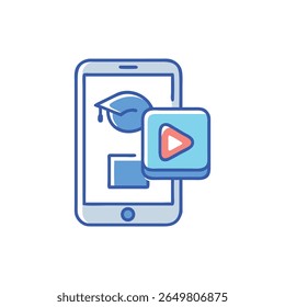 Moderne flache grafische Illustration einer mobilen Lernanwendung, mit einer Graduierungskappe und einem Video-Play-Symbol.