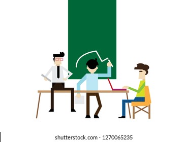 Modern flat graphic illustration of modern office working space with employee staff worker working and brainstorming writing on board