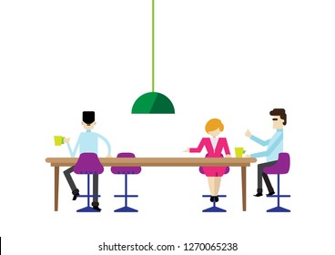 Modern flat graphic illustration of modern office working space with employee staff worker having tea time at pantry area