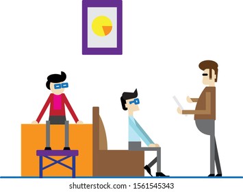 Modern flat graphic illustration of modern office working space with employee staff worker discussing on sofa lounge area