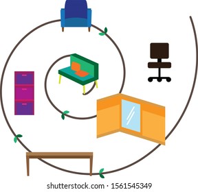 Modern flat graphic illustration of modern office working space furnitures that eco environmental friendly